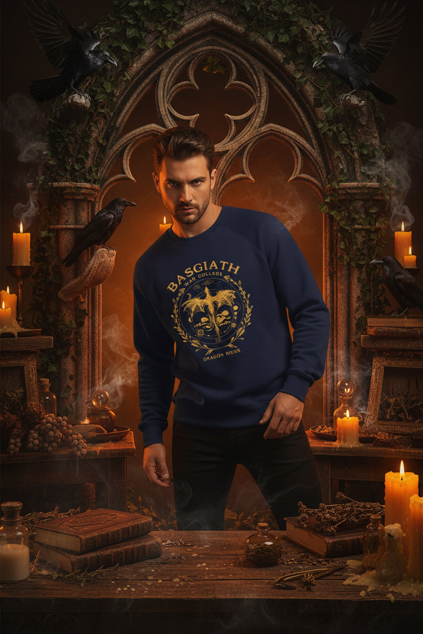 Navy blue sweatshirt with gold graphics and text on a white background