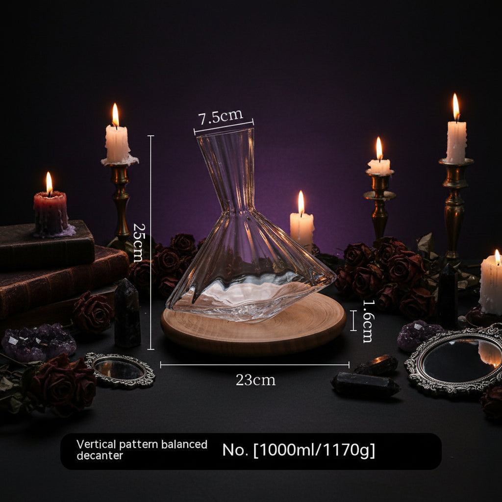 Glass decanter with wooden base and measurements on a white background