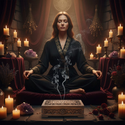A woman in a gray sports bra and leggings sits cross-legged on a rug in a bright living room, holding her hands together in a meditative pose. A wooden stress-relief block with engraved symbols lies on the floor beside her.