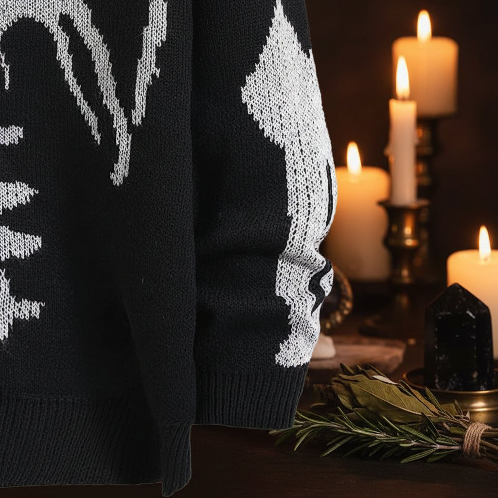 Black sweater with white geometric patterns on a white background