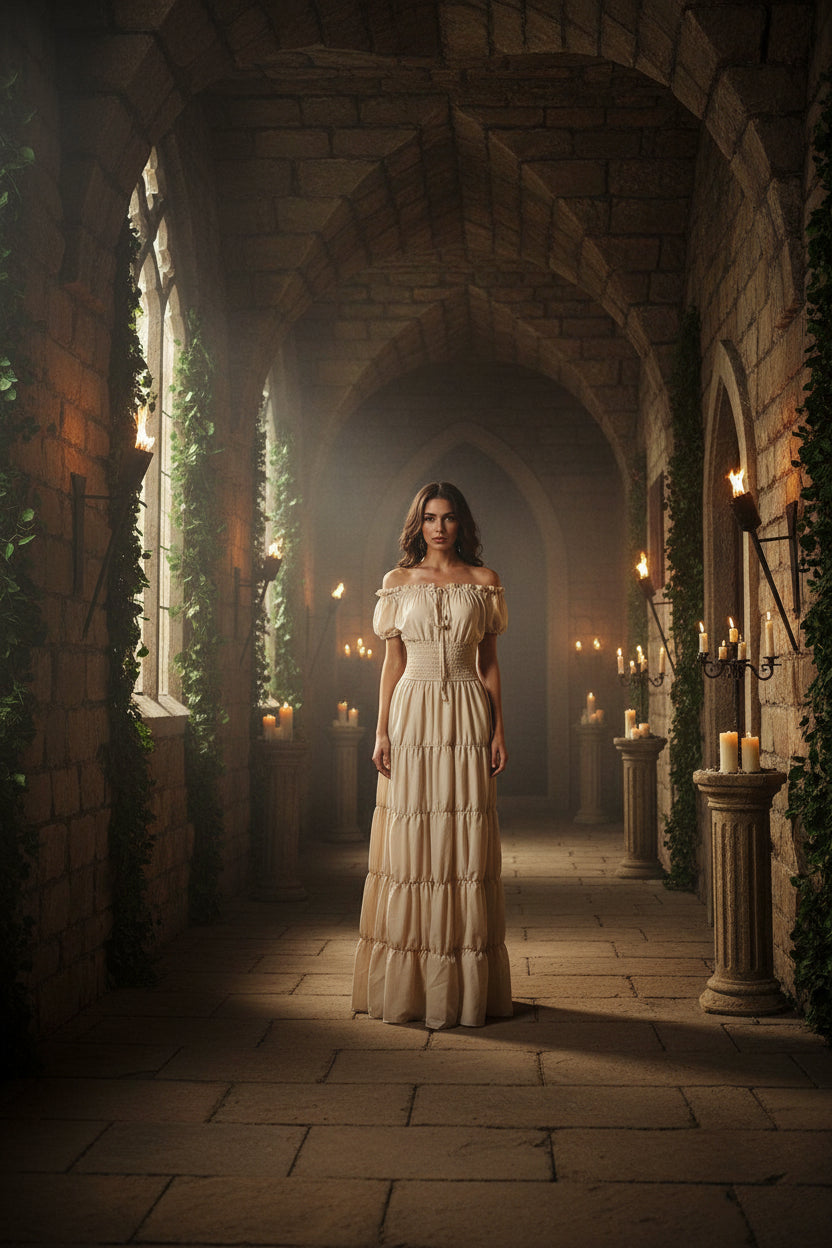 A cream-colored off-the-shoulder maxi dress with puff sleeves, a smocked bodice, and tiered ruffle hem, shown against a plain white background.