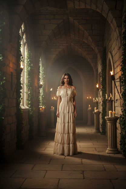 A cream-colored off-the-shoulder maxi dress with puff sleeves, a smocked bodice, and tiered ruffle hem, shown against a plain white background.