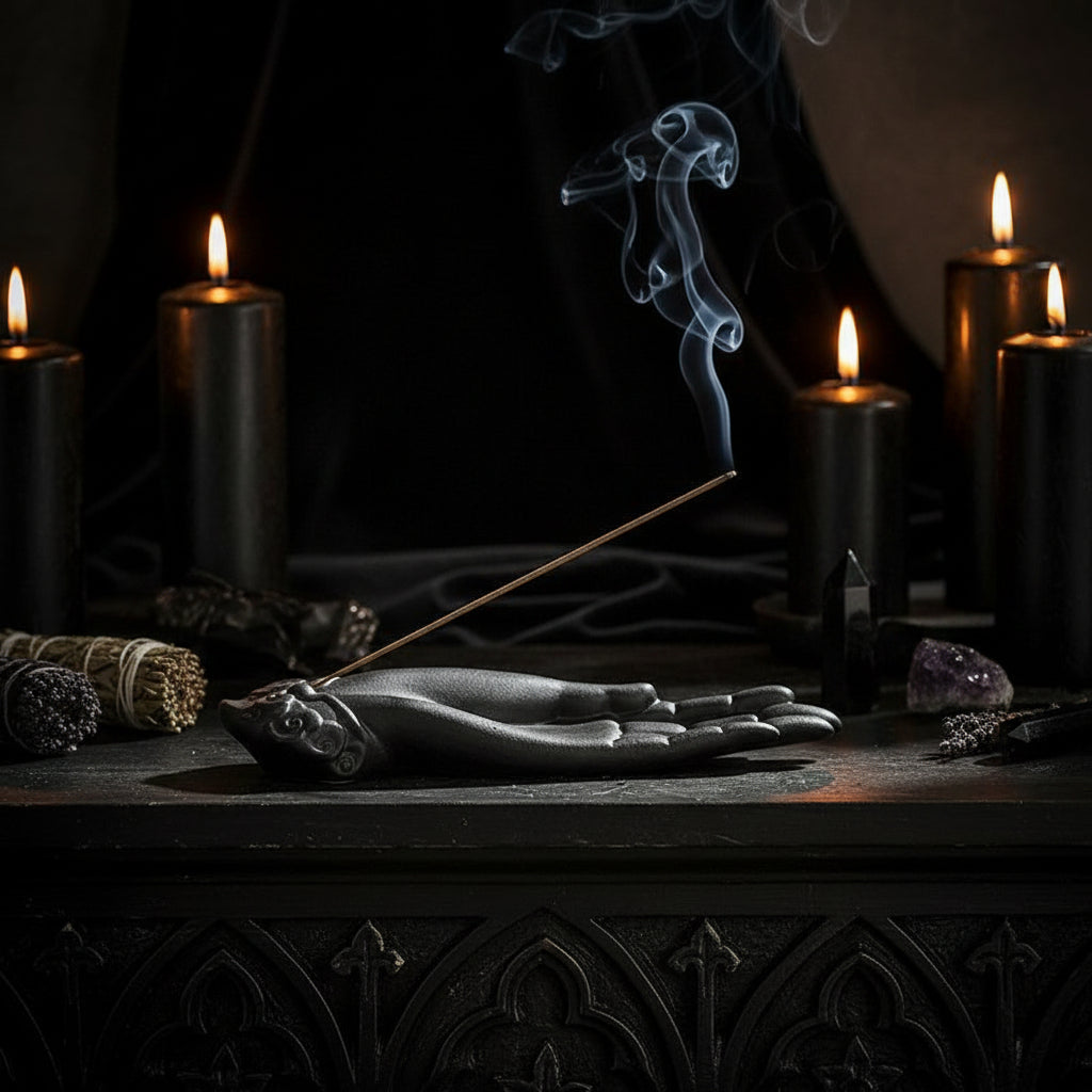 A person holds a black sculpted hand-shaped incense holder with a smoking incense stick inserted, over a wooden table.