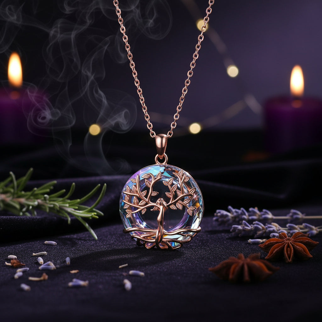 Exquisite Tree of Life Round Crystal Pendant Necklace Sorceress Sanctuary