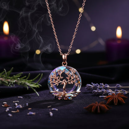 Exquisite Tree of Life Round Crystal Pendant Necklace Sorceress Sanctuary