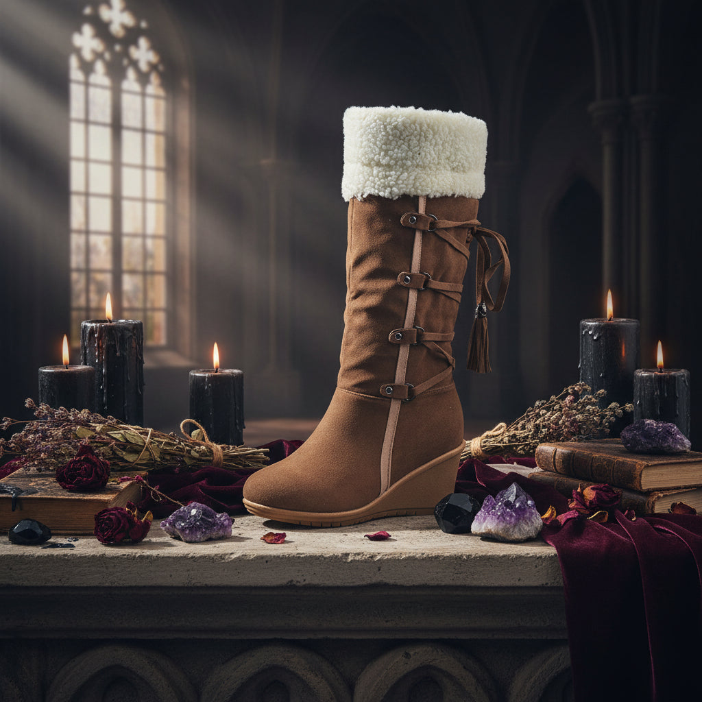 A brown suede mid-calf boot with a white sherpa fleece cuff, side buckle straps, and a wedge heel, shown against a plain white background.
