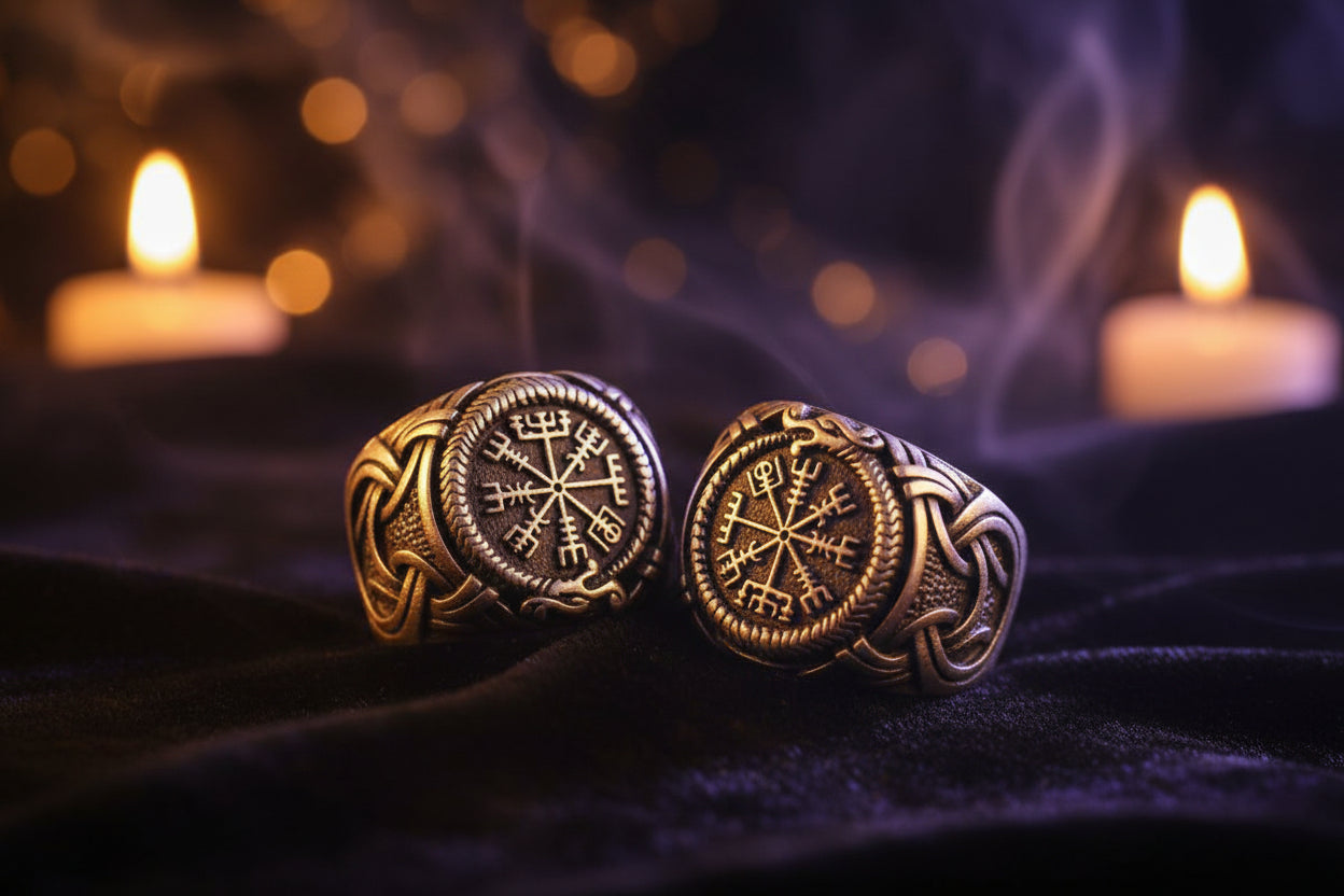Two silver rings with intricate designs on a textured surface