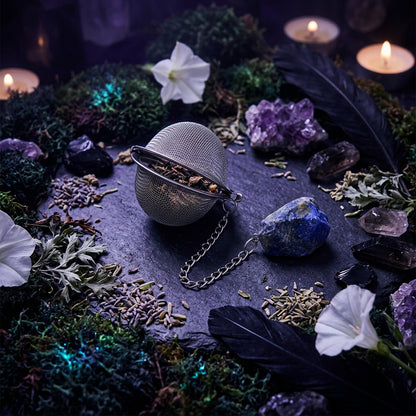 Metallic tea ball with chain next to a blue stone on a white background