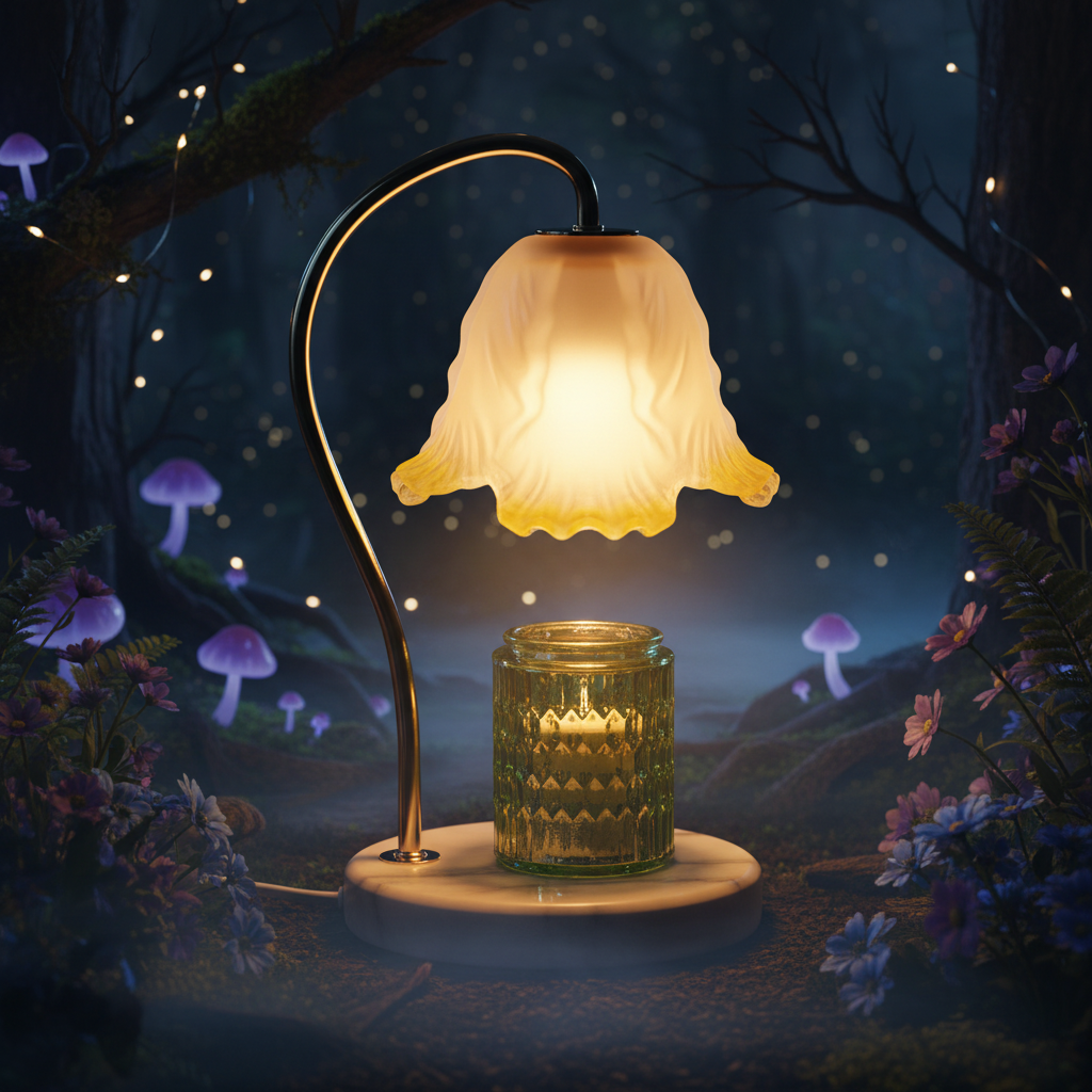 Decorative table lamp with a white lampshade and gold base on a marble base.
