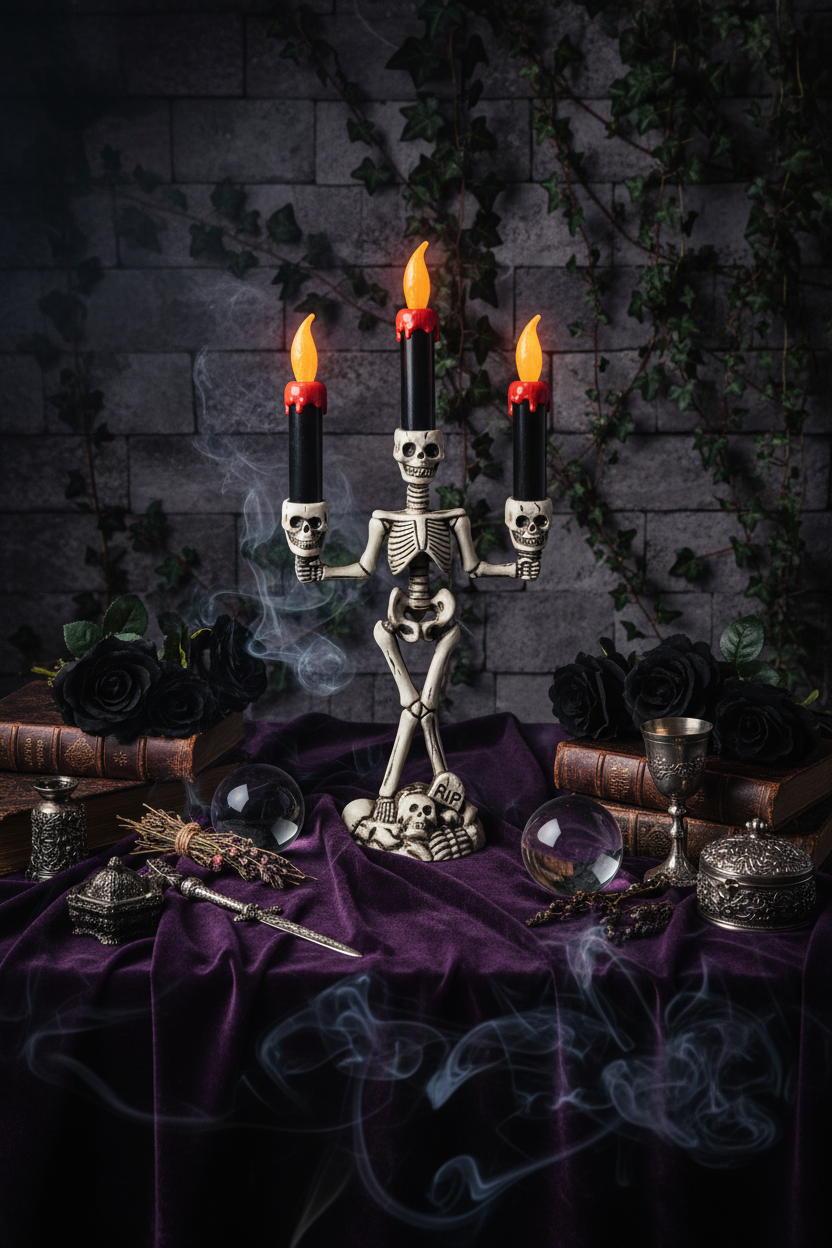 A skeleton-shaped three-arm candelabra candle holder with black candles and flame tips, shown next to its retail box labeled 'HALLOWEEN CANDLES'.