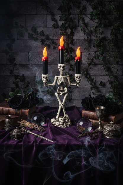 A skeleton-shaped three-arm candelabra candle holder with black candles and flame tips, shown next to its retail box labeled 'HALLOWEEN CANDLES'.