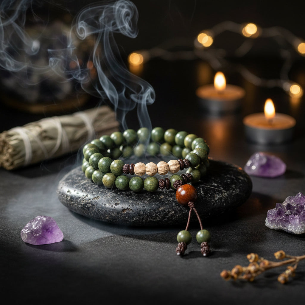 Green beaded bracelet with a wooden charm on a light background