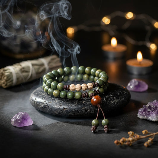 Green beaded bracelet with a wooden charm on a light background