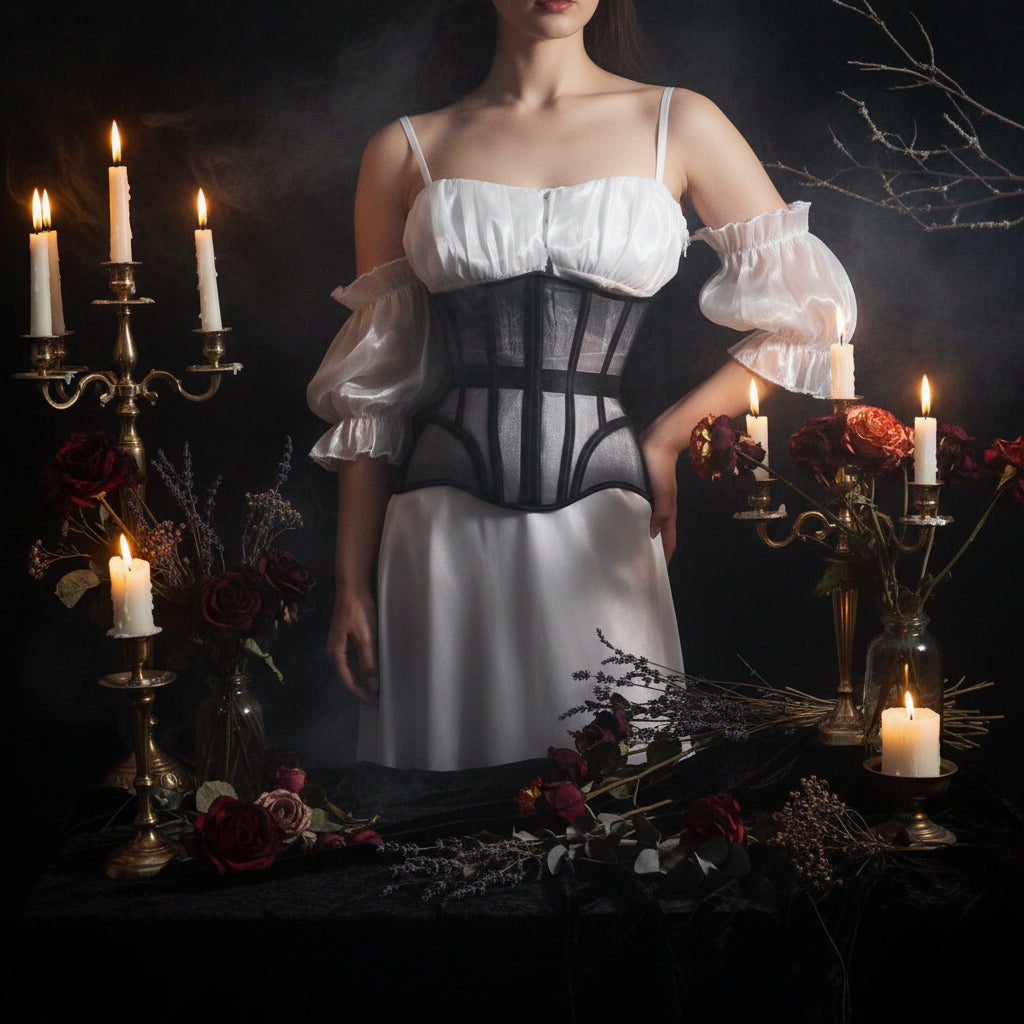 A close-up of a model wearing a black and white sheer mesh corset-style waist trainer over a white ruffled top, with black sleeves visible on both sides.