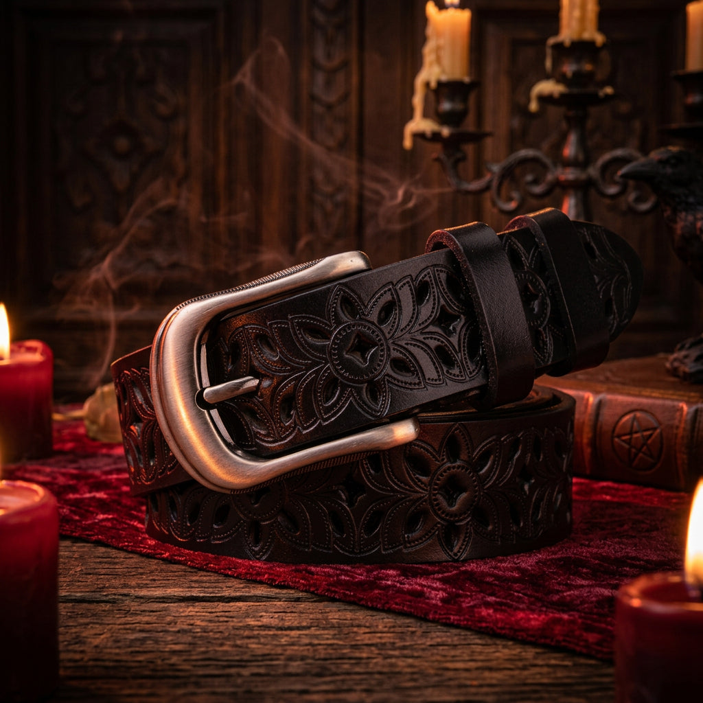Black leather belt with silver buckle on a wooden surface
