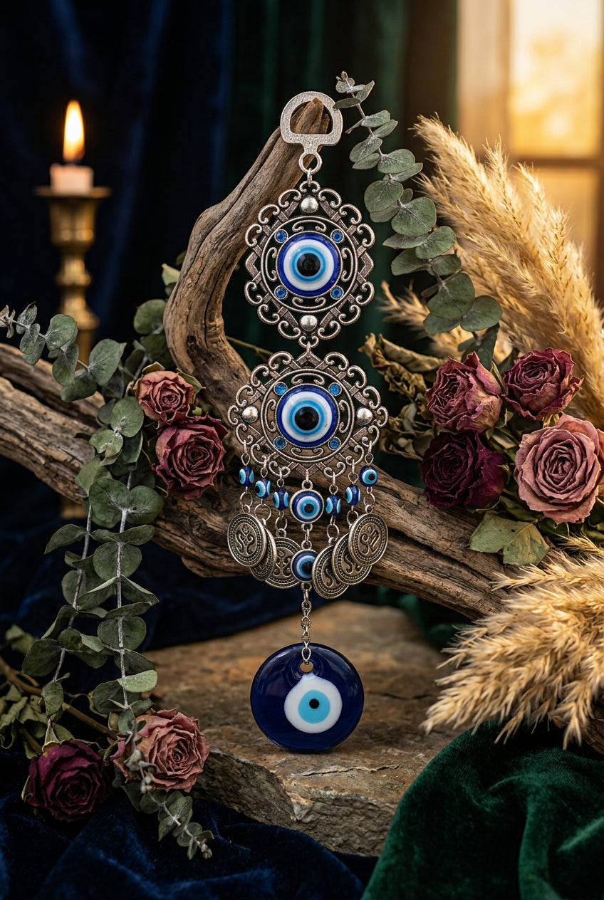 Decorative evil eye wall hanging on a wooden surface with a natural background
