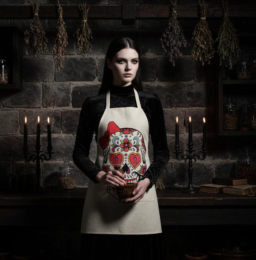 Beige apron with a colorful skull design and red bow on a white background