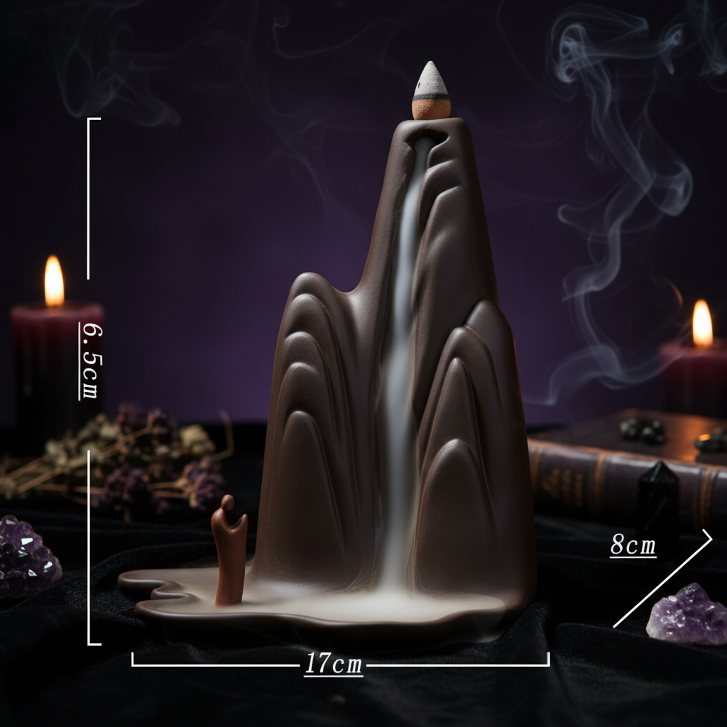 A dark brown mountain-shaped incense burner with a waterfall and small human figure, shown with dimension lines indicating 17cm width, 6.5cm height, and 8cm depth on a white background.