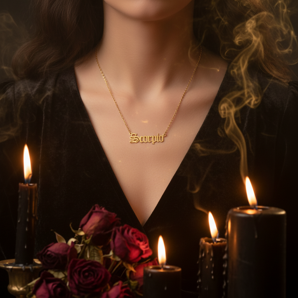 A gold nameplate necklace spelling 'Scorpio' in a gothic font, suspended from a delicate gold chain against a solid black background.