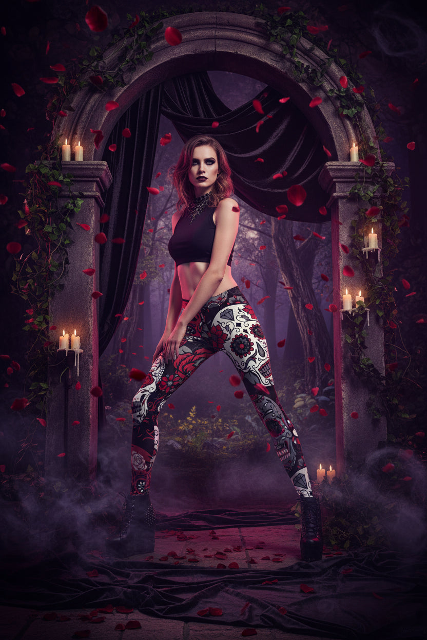 Colorful Skull Floral Leggings with Digital Print Sorceress Sanctuary
