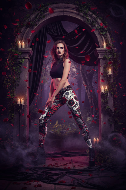 Colorful Skull Floral Leggings with Digital Print Sorceress Sanctuary