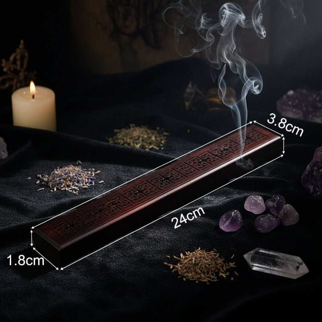 Wooden incense stick holder with dimensions labeled on a white background