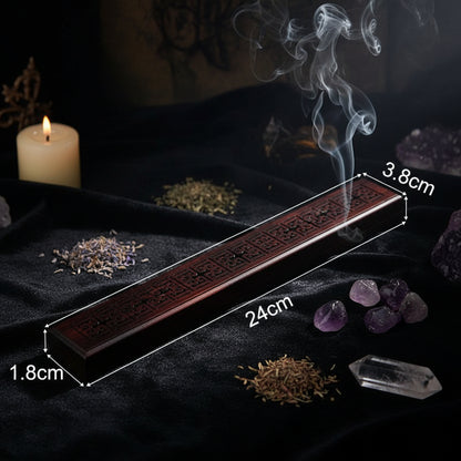 Wooden incense stick holder with dimensions labeled on a white background