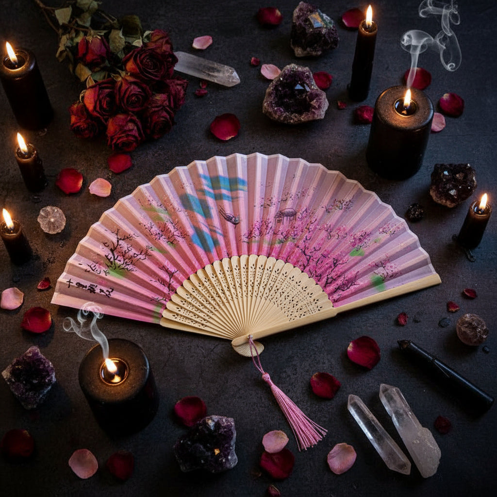 Decorative fan with floral design on a light background