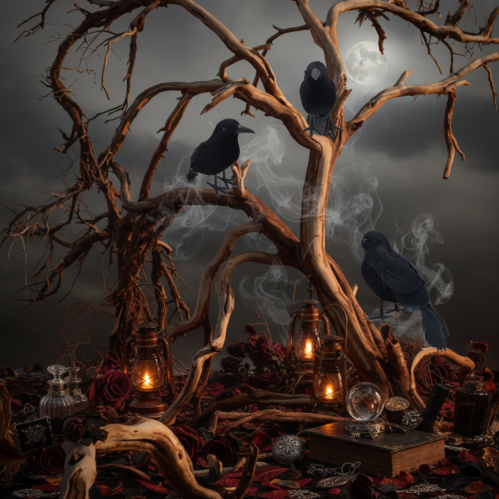 Four black crows perched on the branches of a large, leafless desert tree in a sandy, arid landscape.