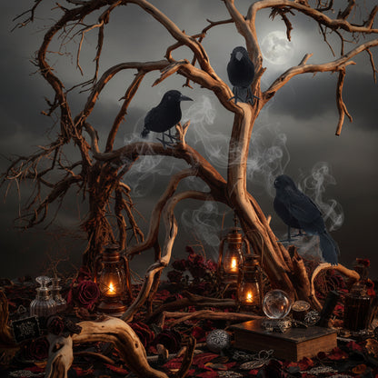 Four black crows perched on the branches of a large, leafless desert tree in a sandy, arid landscape.