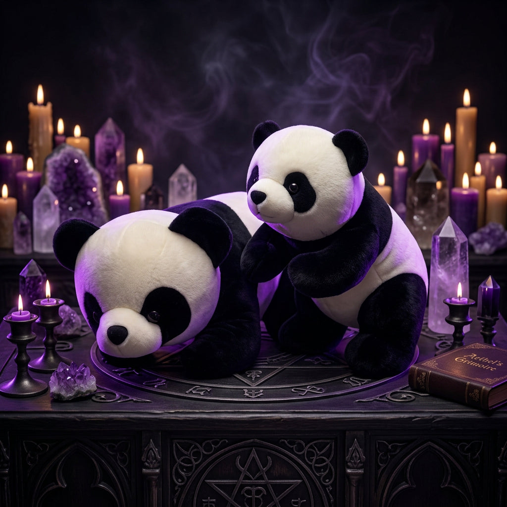 Two panda plush toys sitting on a blue couch with a blurred bookshelf in the background.