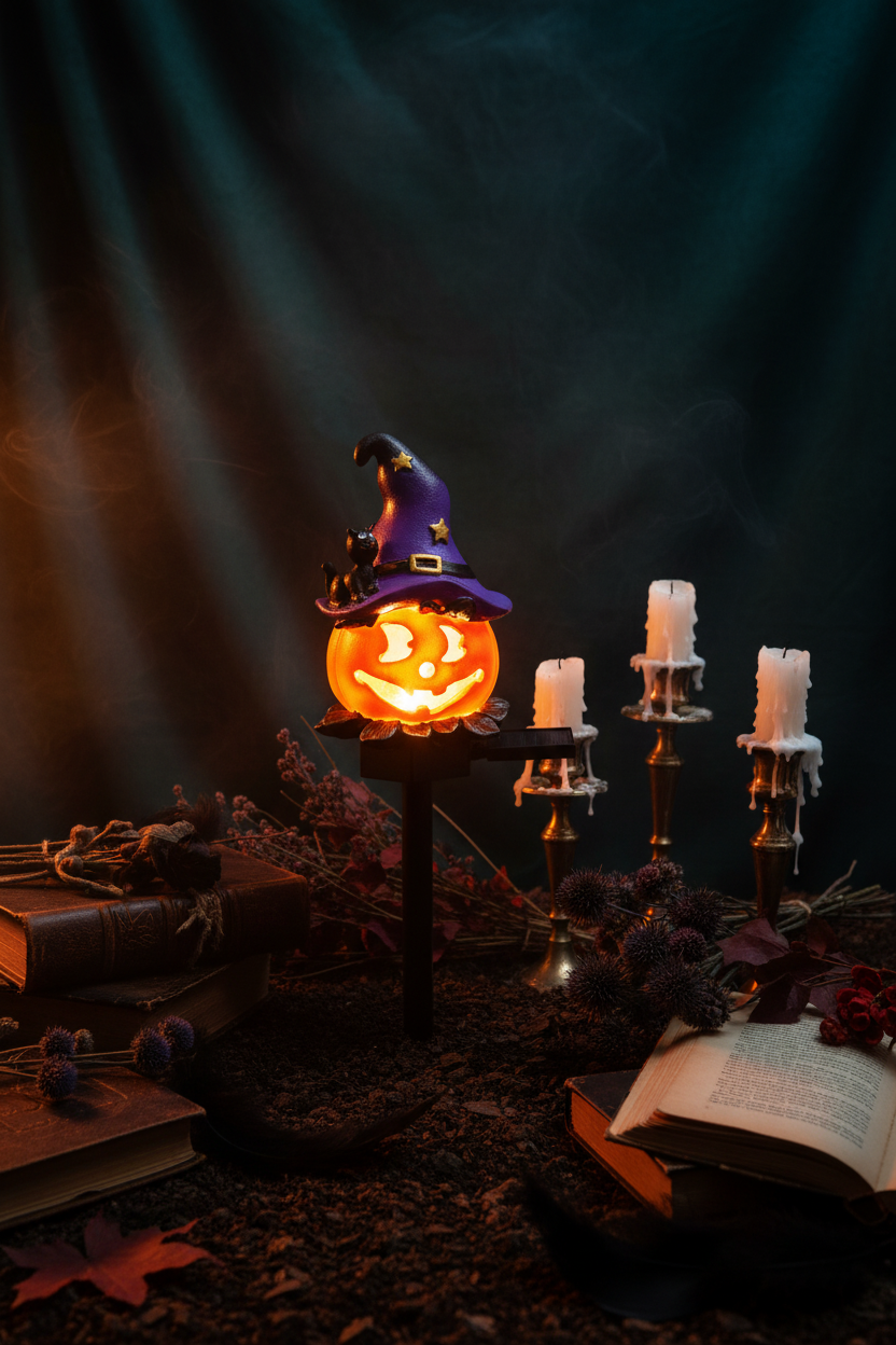 A Halloween garden stake decoration featuring a glowing jack-o'-lantern with a purple witch hat and small black cat on top, set in a garden with pebbles and a white picket fence.