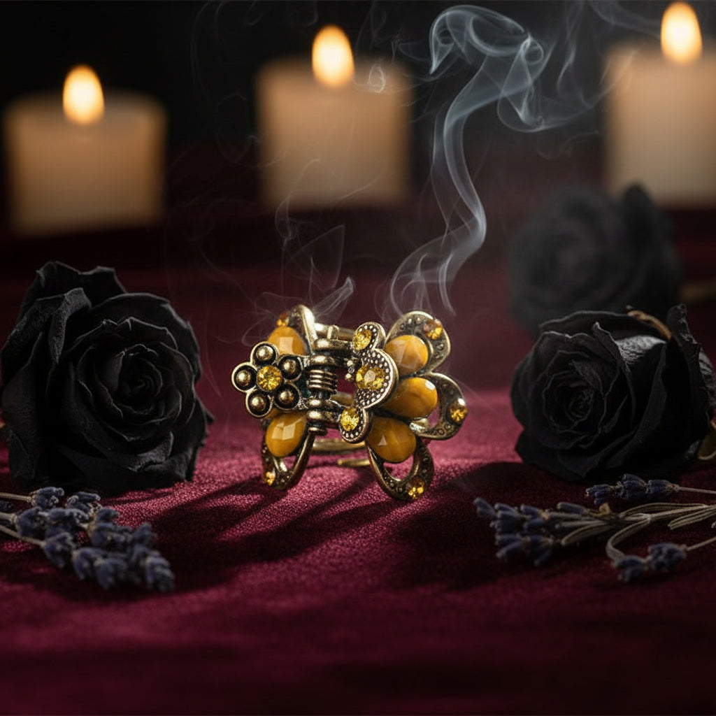 A vintage-style flower-shaped hair claw clip with antique bronze metal detailing, yellow faux-tiger eye beads, and small amber rhinestones, resting on a dark wooden surface.