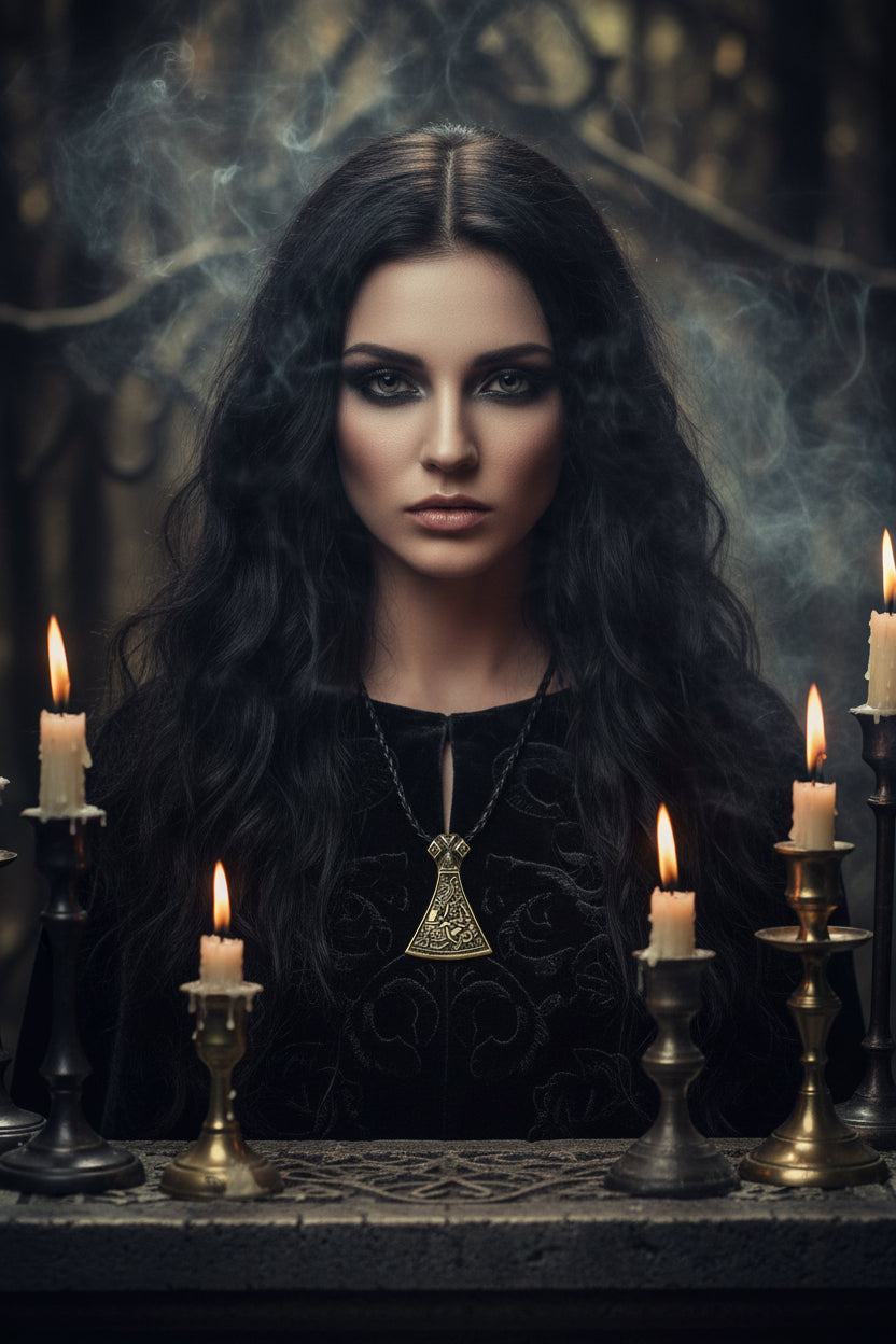 Bronze pendant on a black cord against a wooden background