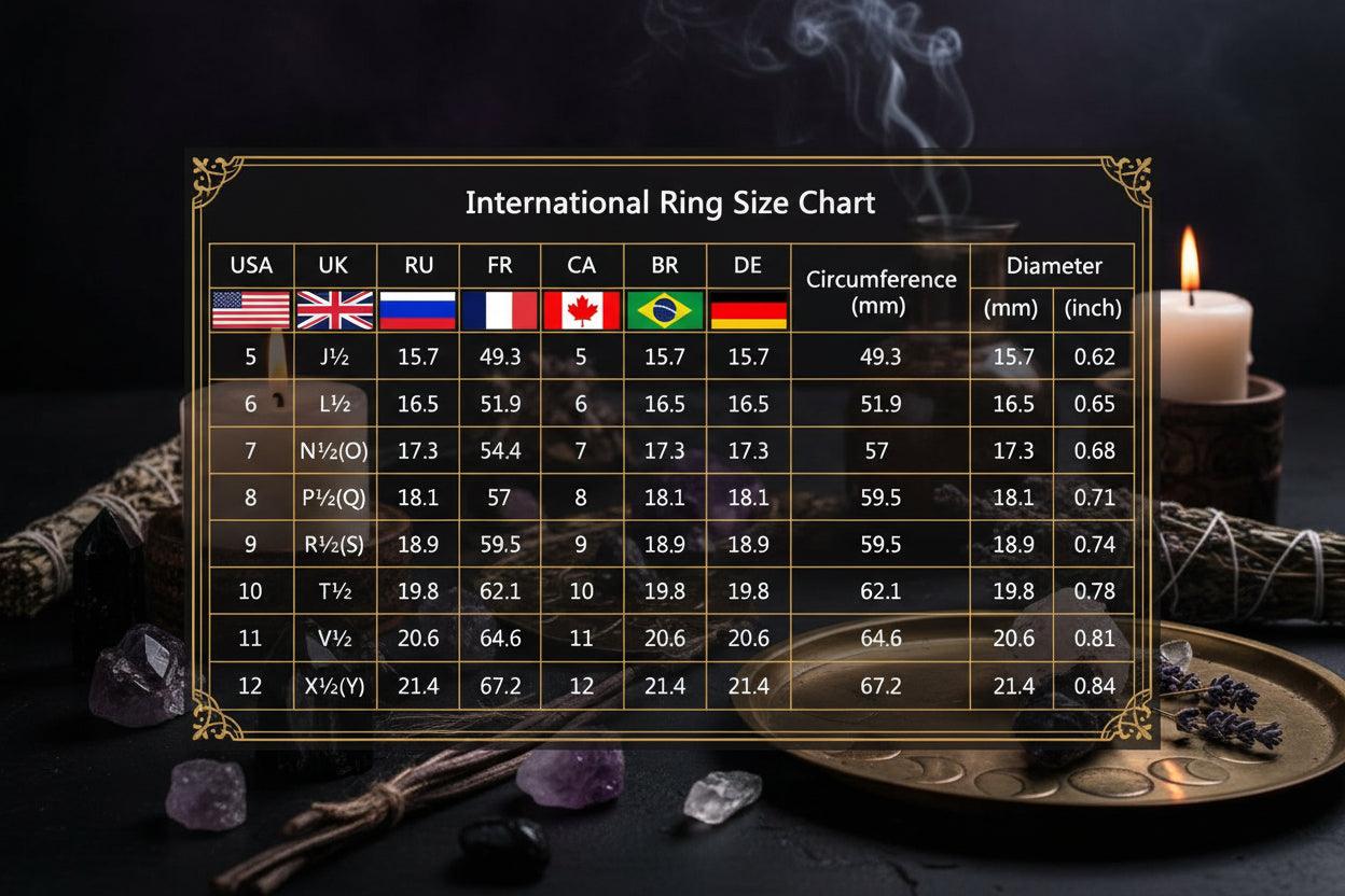 International Ring Size Chart with various country flags and measurements