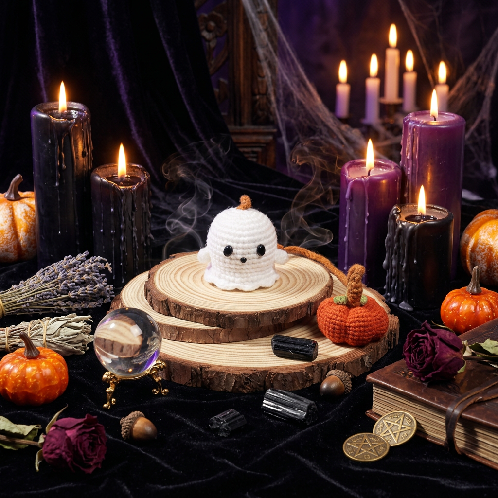 A small crocheted ghost and pumpkin set displayed on a gray fabric surface with autumn props. The set includes a white crocheted ghost with black eyes and a short brown stem, alongside an orange crocheted pumpkin with a green top and brown stem.