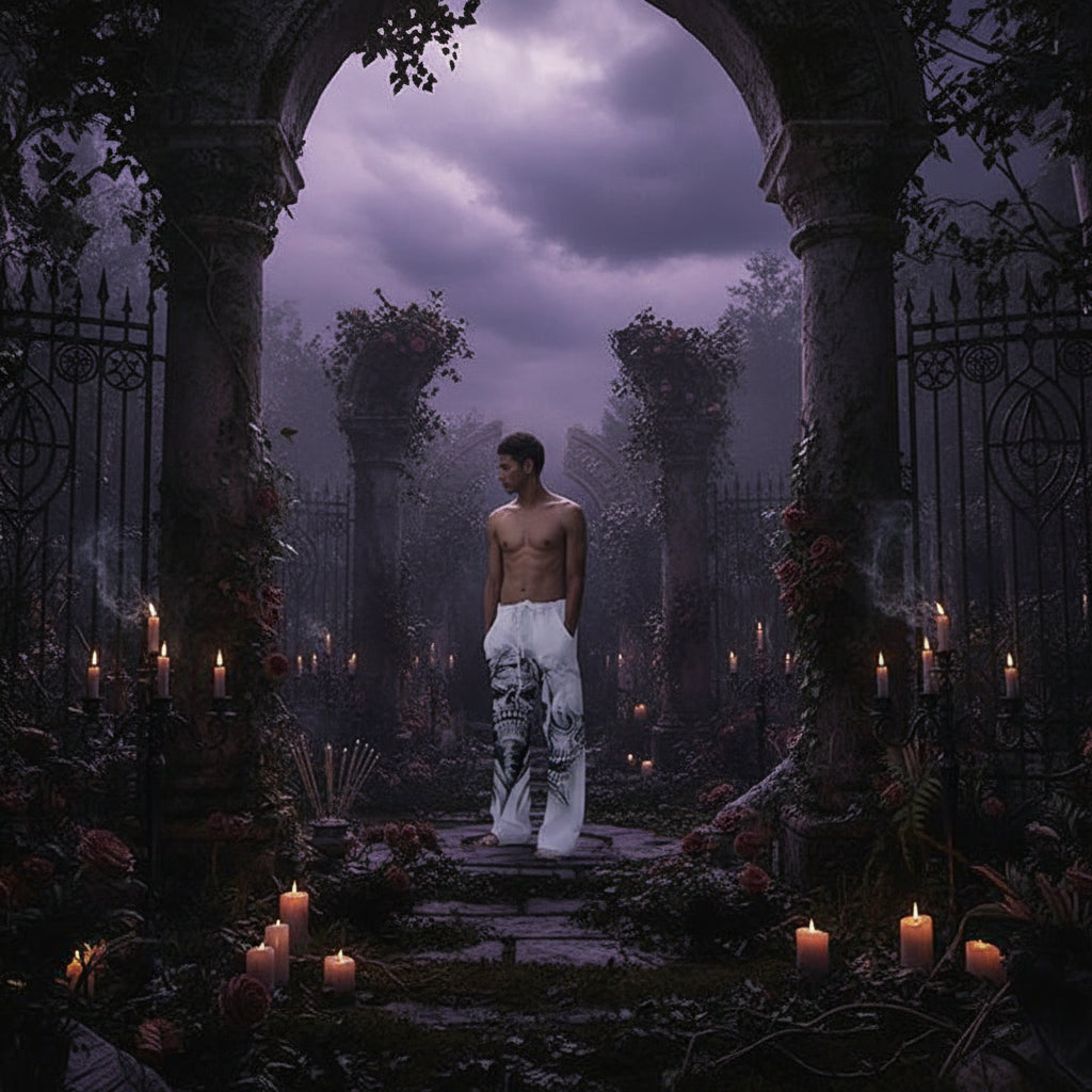 White sweatpants with skull design worn by a person on a plain background