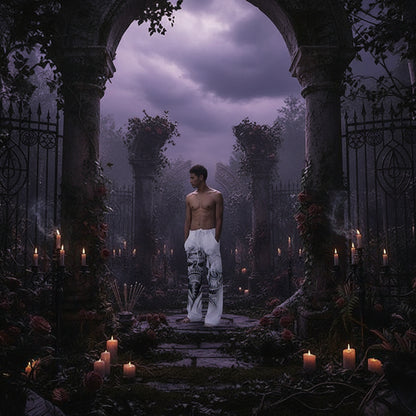 White sweatpants with skull design worn by a person on a plain background