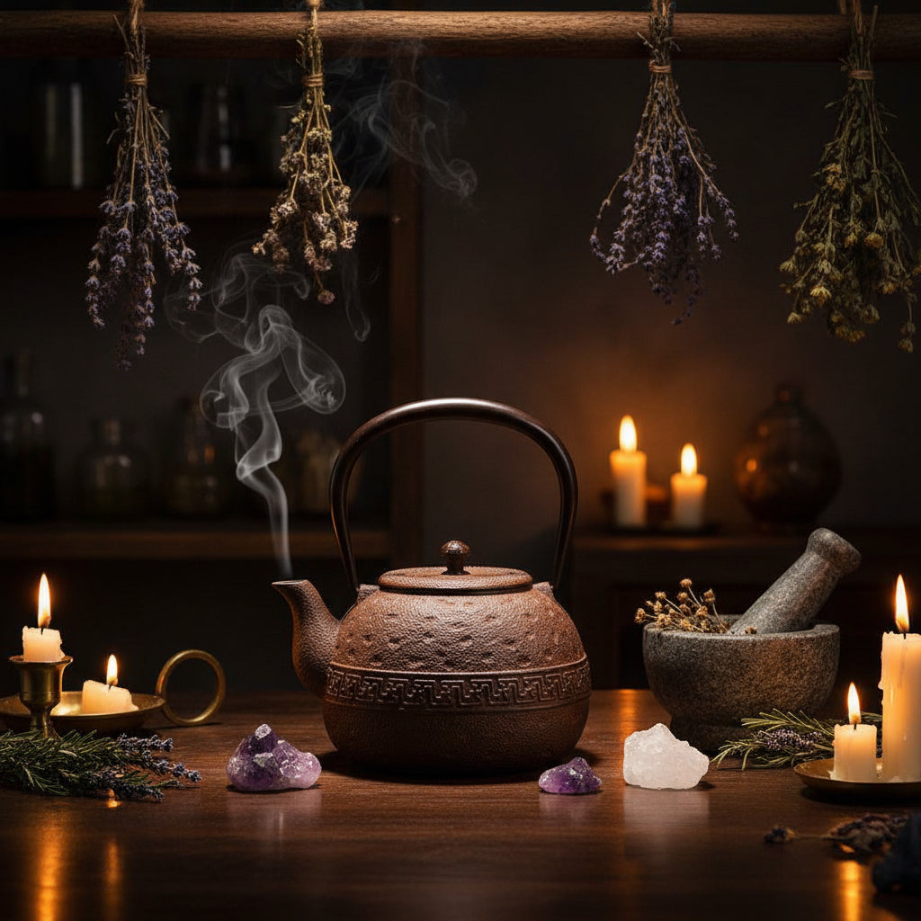 A dark brown textured cast iron teapot with a matching lid and handle, featuring a decorative geometric band around the middle, set against a dark background with a small green plant leaf in the corner.