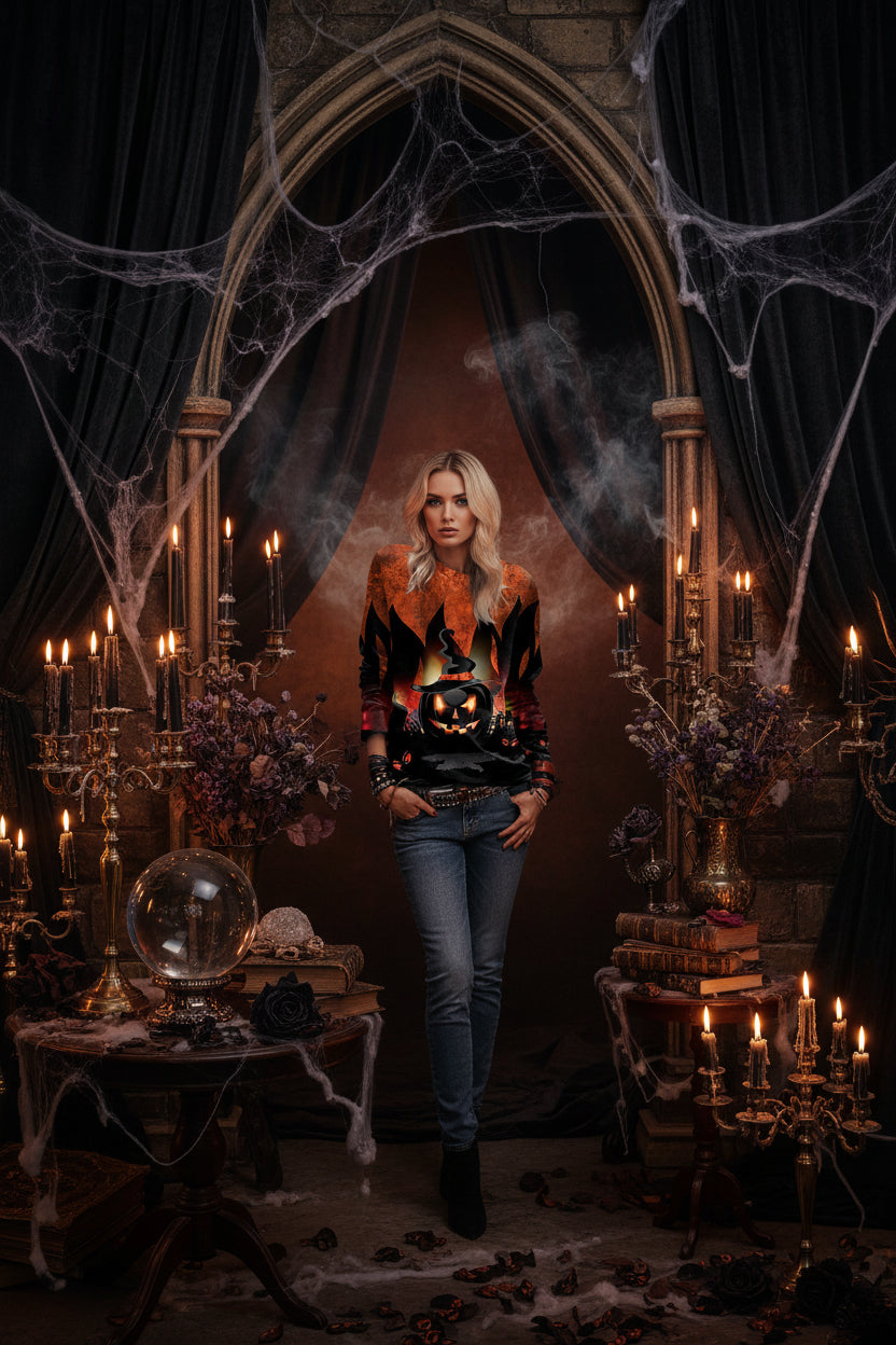 Person wearing a Halloween-themed sweatshirt with a pumpkin design.