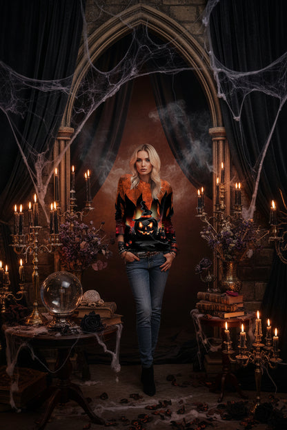 Person wearing a Halloween-themed sweatshirt with a pumpkin design.