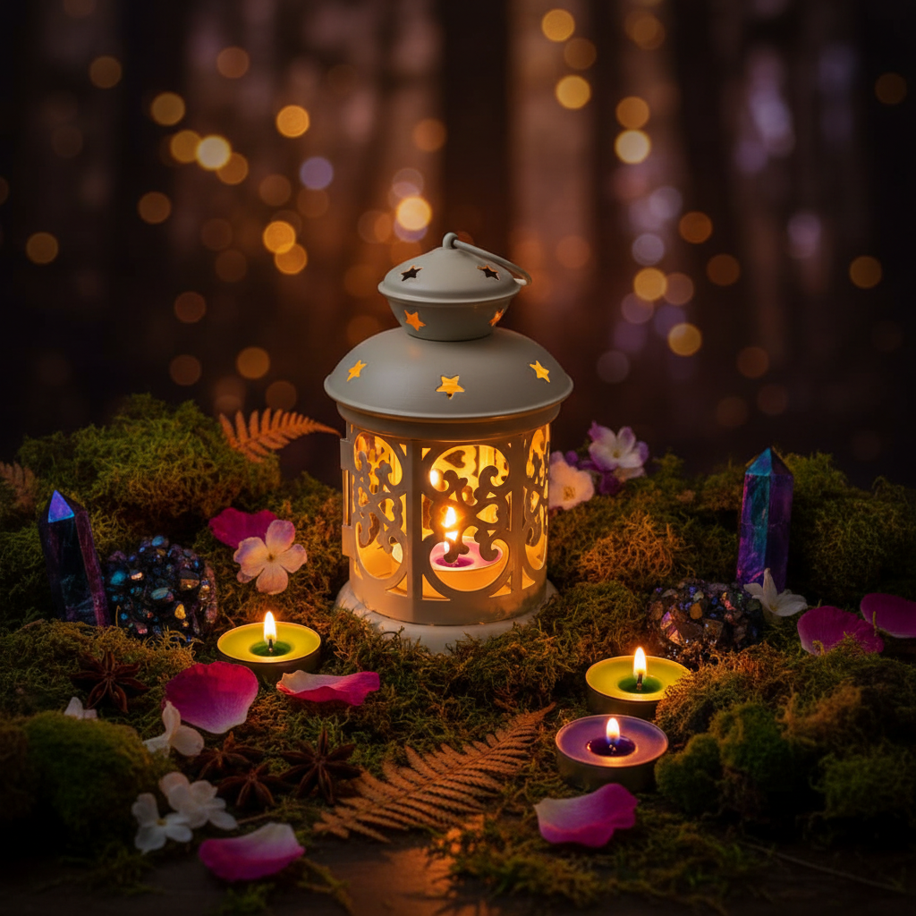 Decorative lantern with colorful candles on a light background