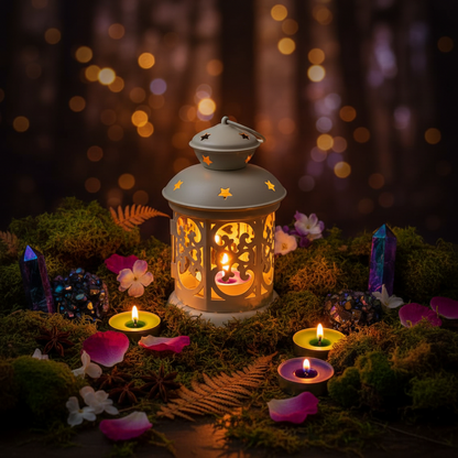 Decorative lantern with colorful candles on a light background