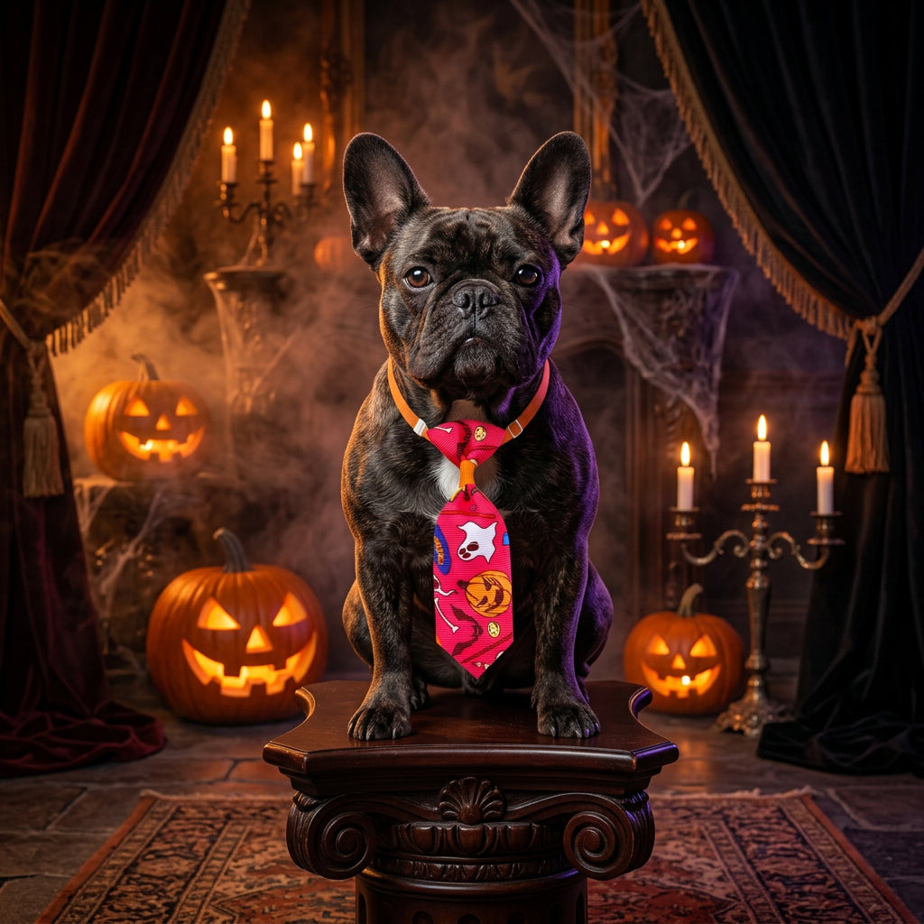 Colorful tie with Halloween-themed design on an orange strap against a white background
