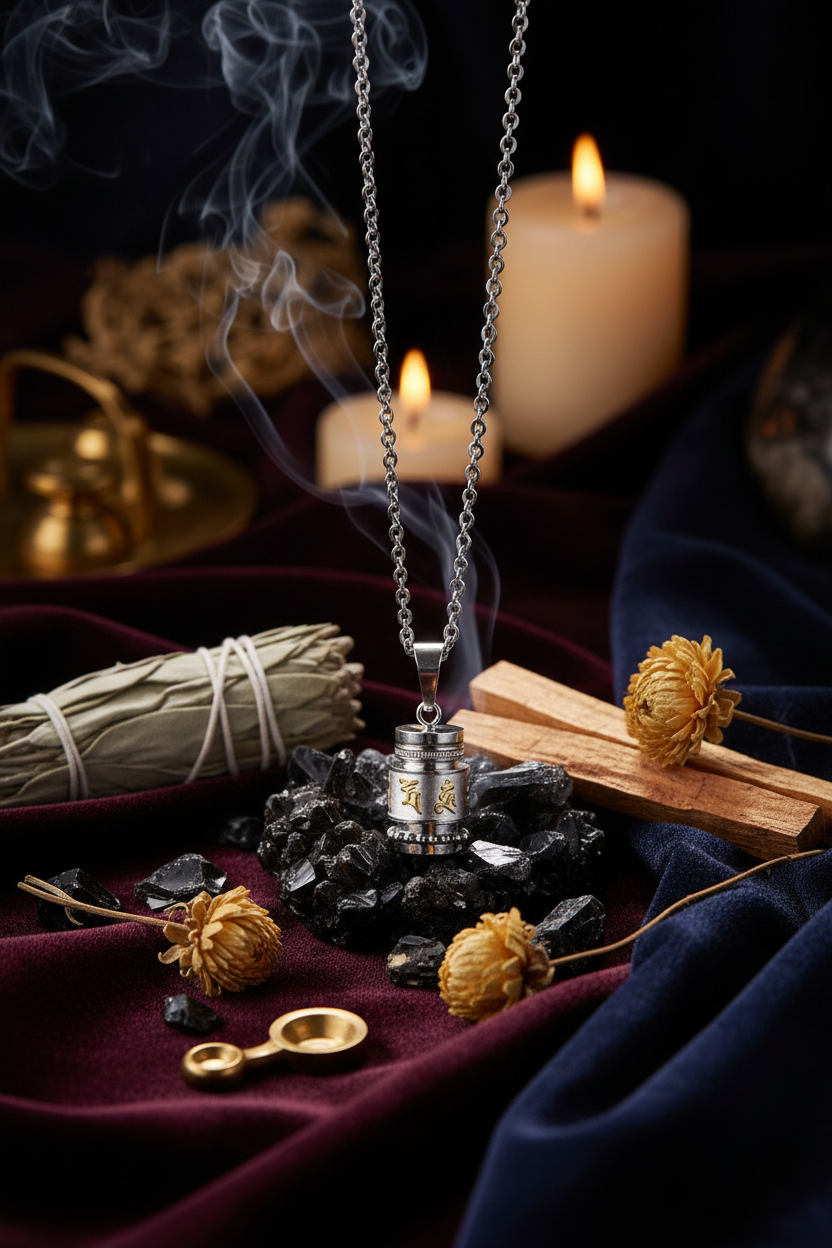 A silver-toned metal cylinder pendant necklace with engraved gold details, shown hanging on a chain against a rustic wood background, with a second view of the same necklace below.