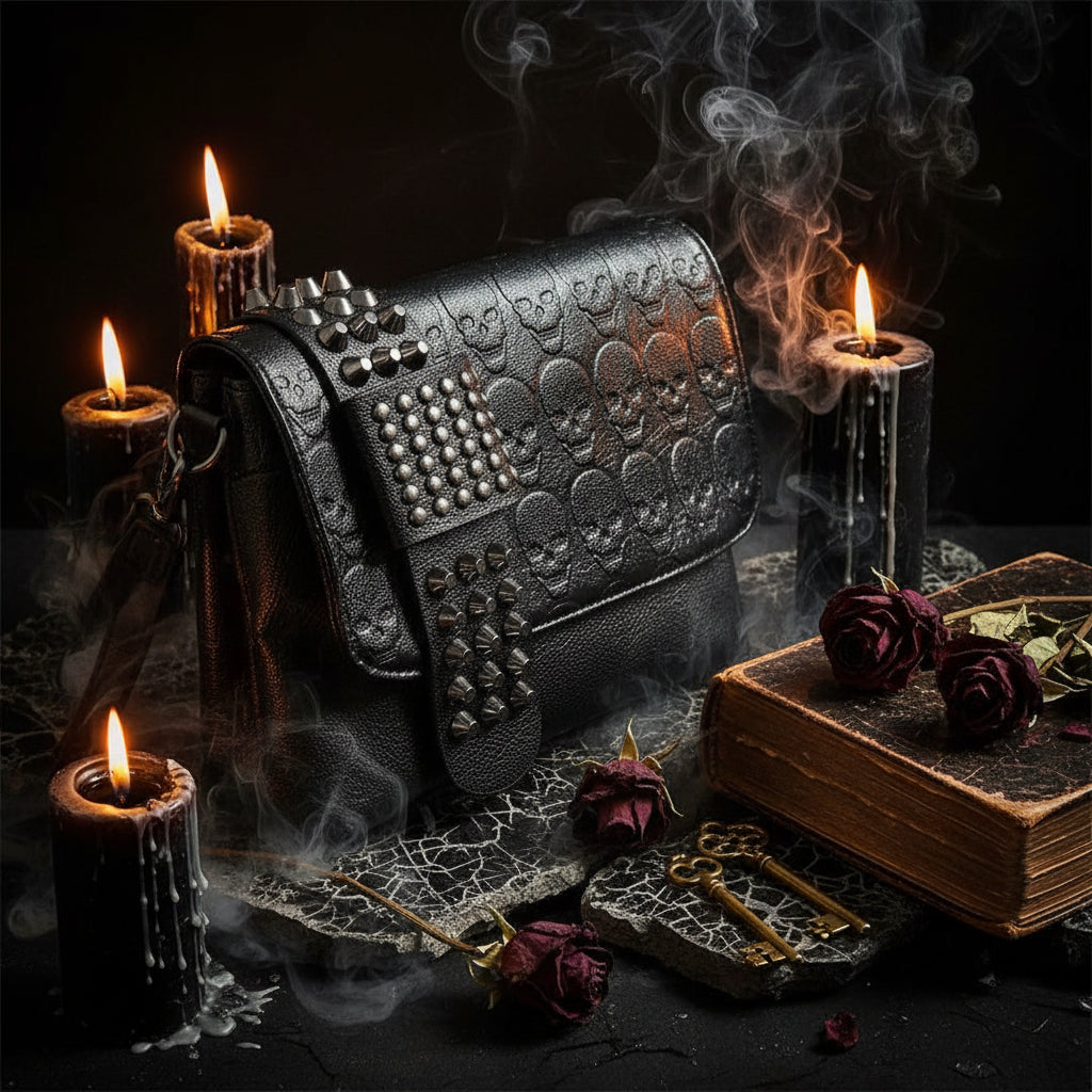 Skull Shoulder Bag, Leather Crossbody with Studs Sorceress Sanctuary