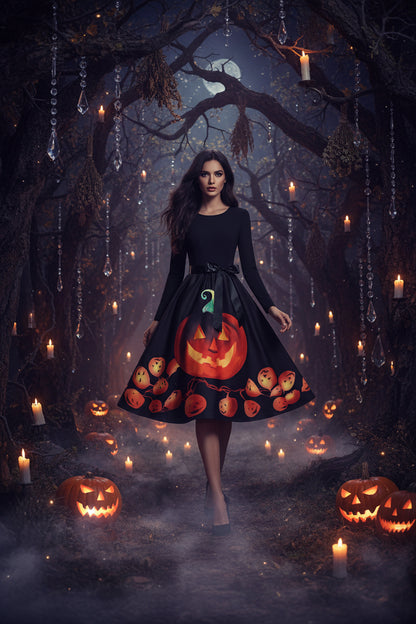 New Halloween Round Neck Printed Party Dress Sorceress Sanctuary