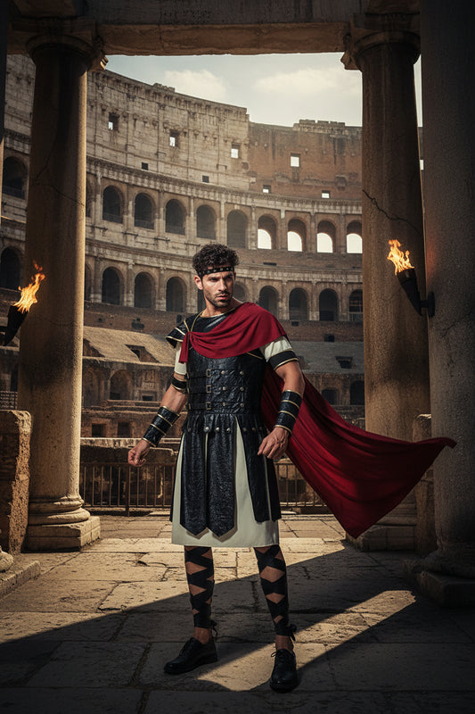 Person wearing a Roman gladiator costume with a red cape on a white background