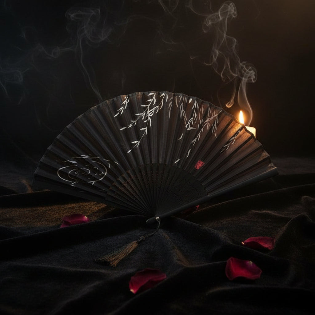 Black folding fan with floral design on a white background with pink flowers