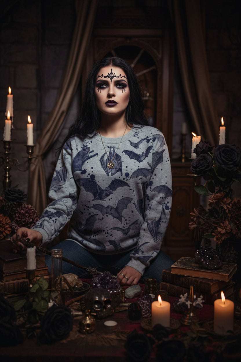 Halloween Bat Print Long Sleeve Sweatshirt for Women Sorceress Sanctuary